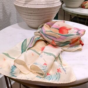 VTG Adrienne Vittadini Tulip Floral Scarf Cream Silk Botanical Print Long